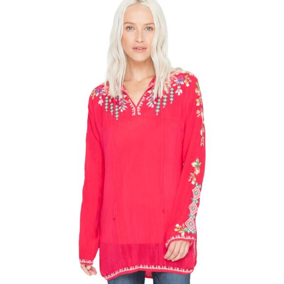 Johnny Was Vanessa Blouse Small Pink Embroidered Long Sleeve Tunic Boho Luxe - Picture 6 of 6